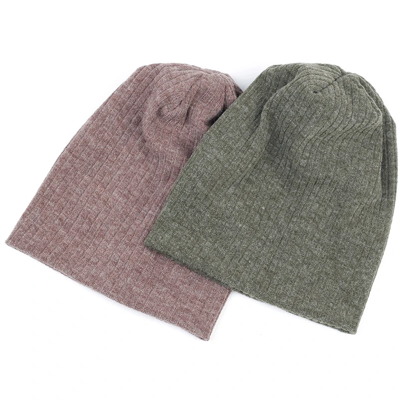 Women Plain Cotton Ribbed Beanies Hat Autumn Winter Warmer Knitted Hats Ladies Stretch Slouchy Striped Baggy Skullies Cap