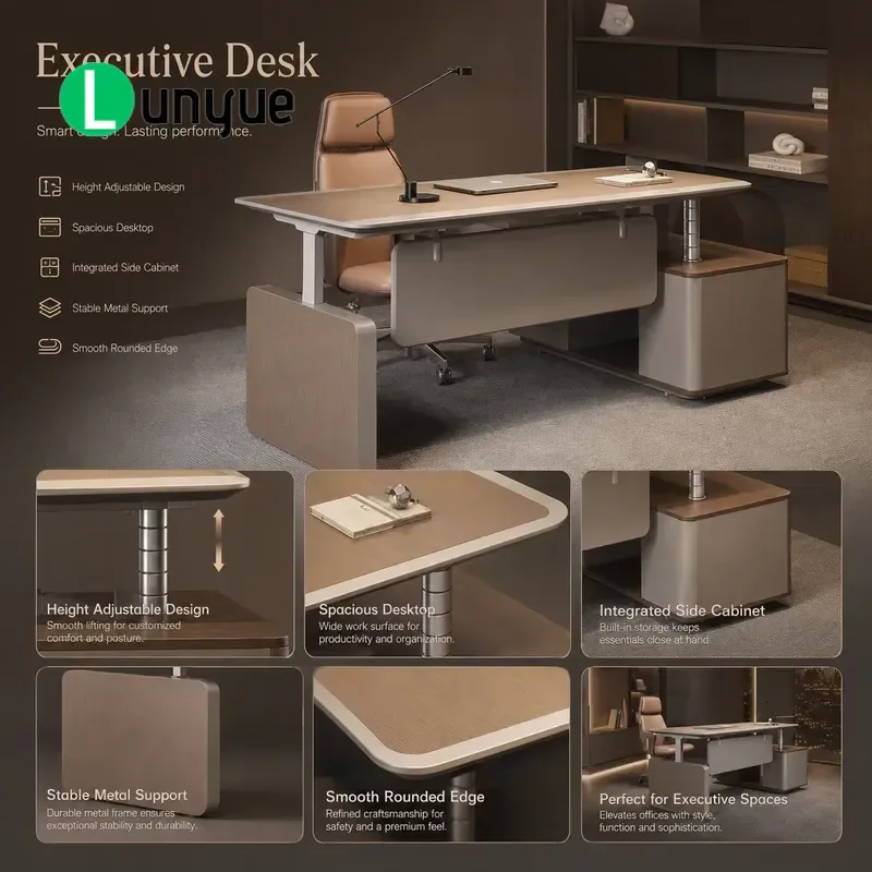 Modern Height Adjustable Executive Desk with Side Cabinets for CEO Manager Office Workspace Large Storage Durable Wood Finish