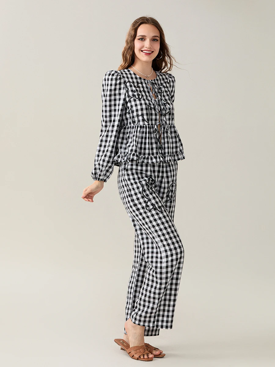 Women s Autumn Fashion Plaid Print Long Sleeve Blouse and Elastic Waist Pants Set with Tie-Up Front Detail - 2 Piece Outfit