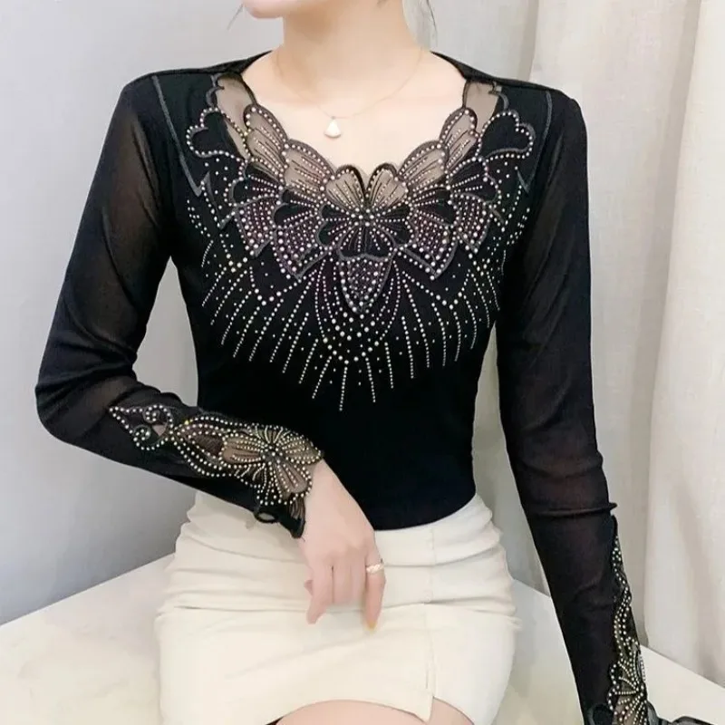 

Womens Black Sheer Butterfly Beaded Long Sleeve Slim Fit Blouse