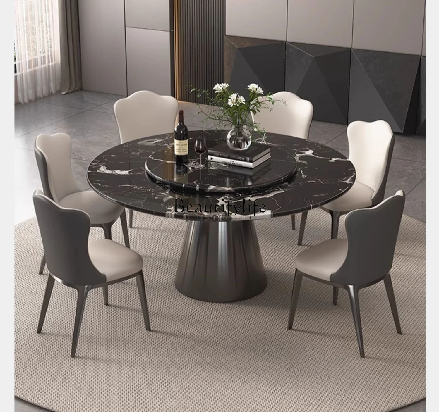 

Imported black rose natural luxury stone round dining table Italian light luxury marble round table