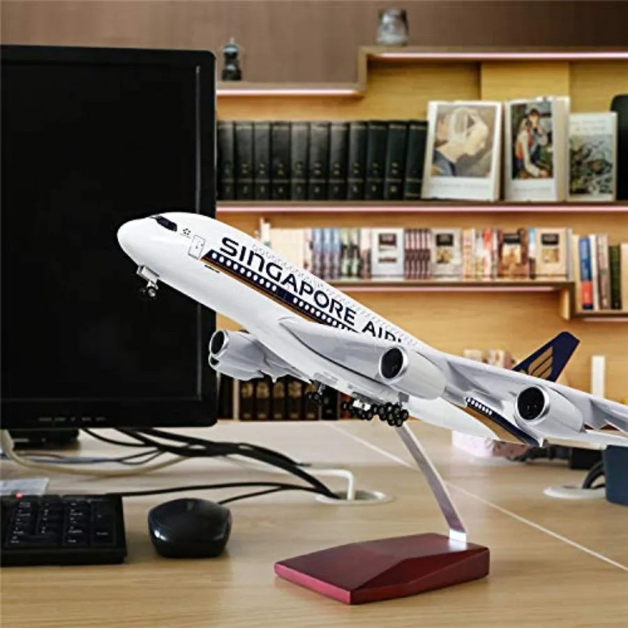 Decorative 18 1:160 Singapore Airbus A380 airplane model with LED light, ABS plastic, white-blue, touch/sound control