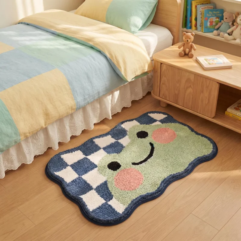 VIKAMA Cute Smiling Frog Wavy Irregular Rug Blue White Checkered Soft Fluffy Non Slip Bedroom Bedside Floor Mat Home Decor