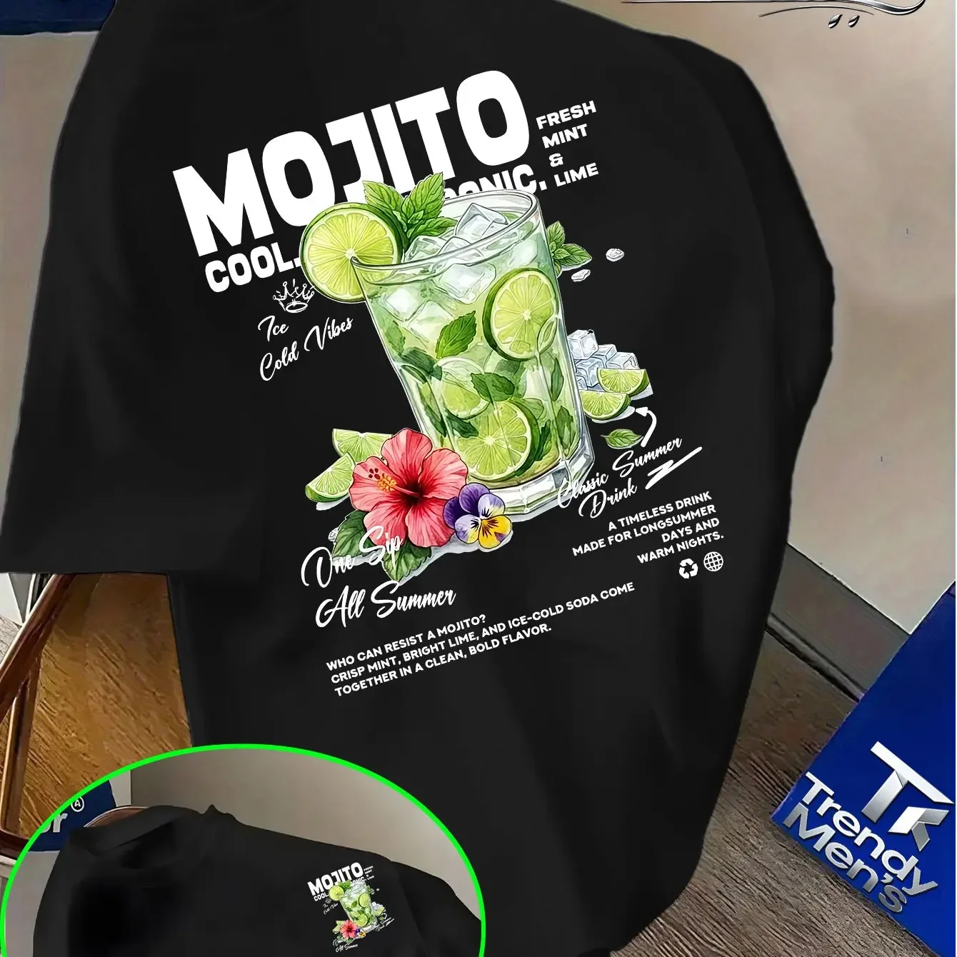 Men's 100% Cotton Mojito Cocktail Lime Flower Print T-Shirt Summer Casual Comfortable Beach T-Shirt