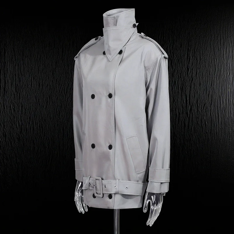 معطف واق من المطر بلون سادة على الطراز القديم للنساء جديد للخريف والشتاء، ياقة واقفة مزدوجة الصدر، خصر منخفض #1