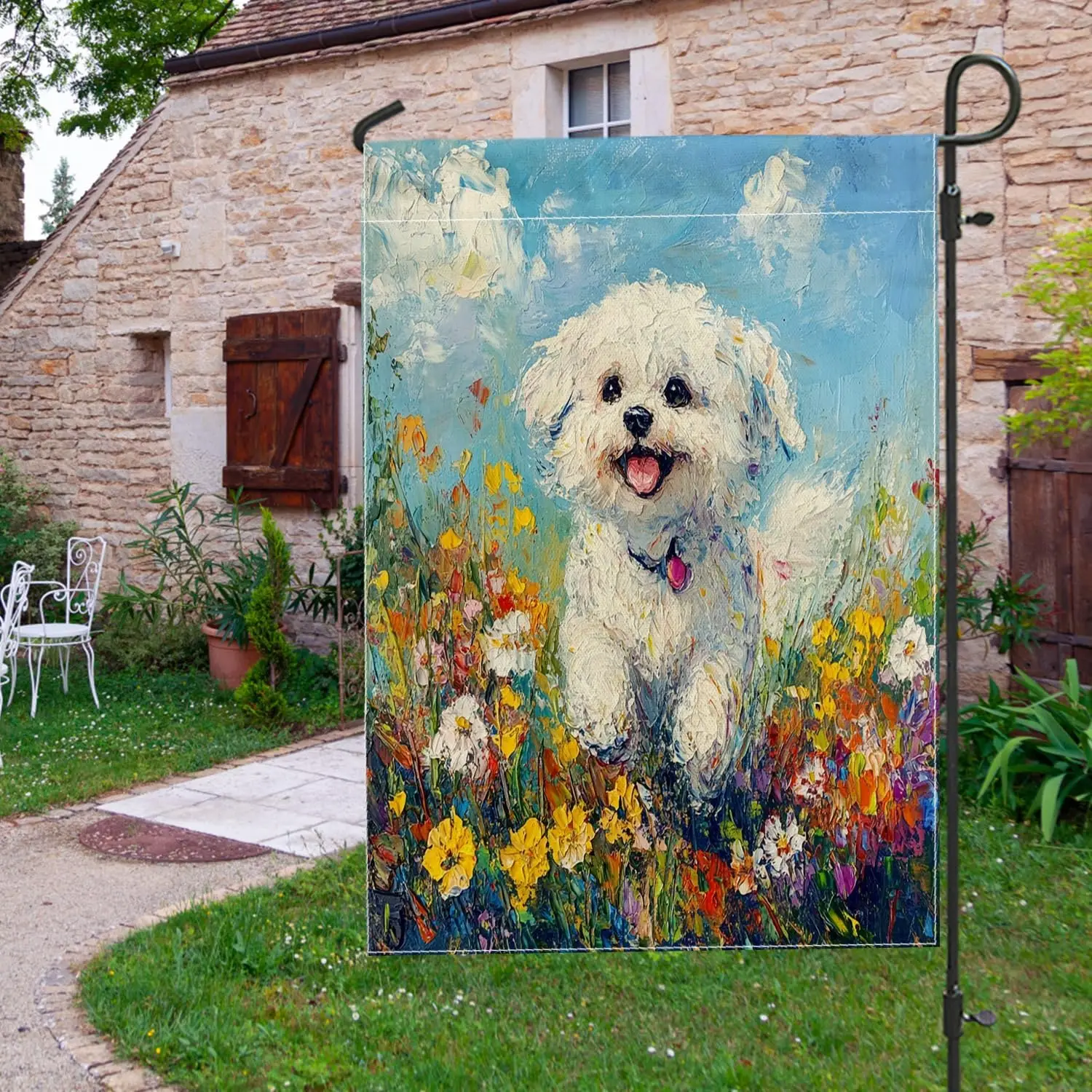 Spring Bichon Frise Dog Garden Flags 12”x18” Double Sided for Outside Decorative, Funny Puppy Floral Oil Painting FrontYard  uui