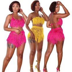 BKLD Women Clothing Swimwear Sexy Crochet Hollow Out Cover Up Knitted Fashion Tassel Crop Tops And Shorts Two Pieces Set