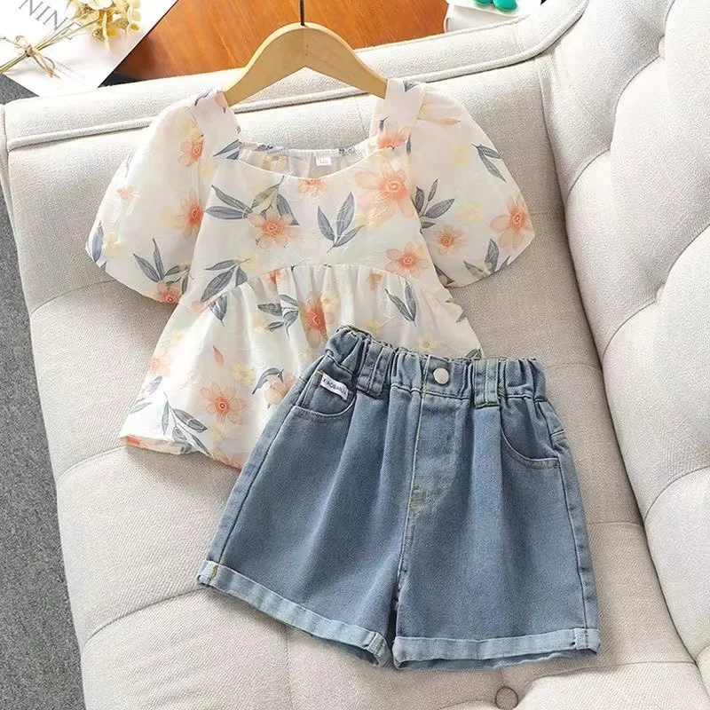 2024 summer girls cotton mesh Floral chiffon t shirt tops blouse + demin short jeans hot pant teenager children set 5 12 year