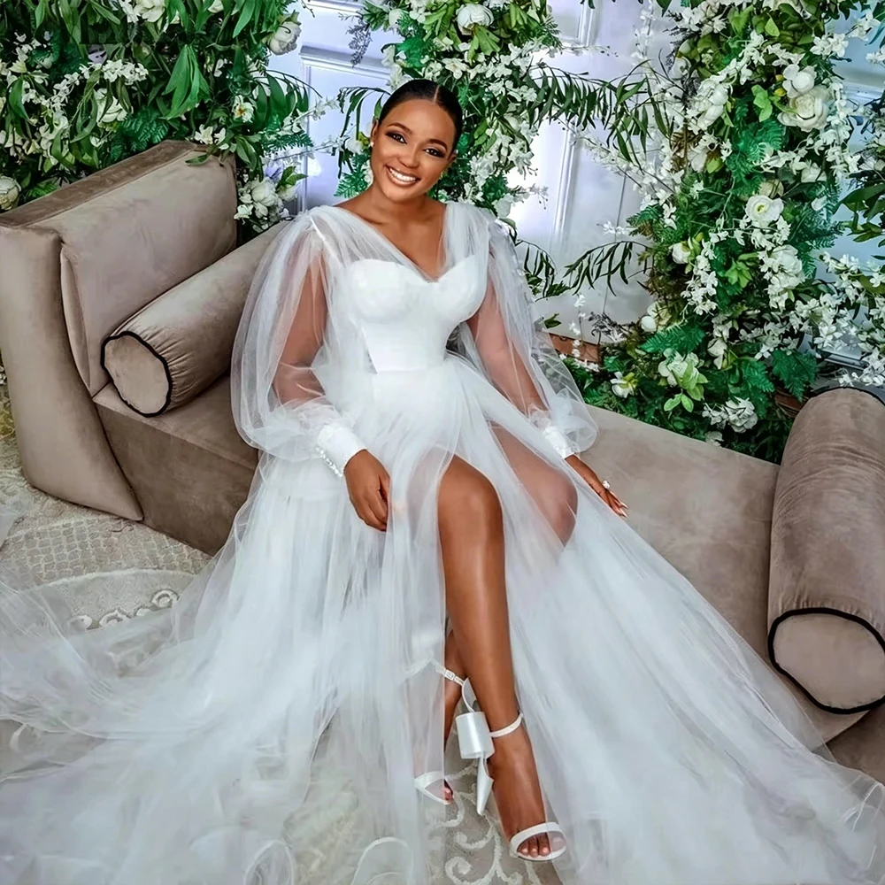 nigerian bridal shower dresses African Wedding V Neck Long Sleeve Tulle White Bride Dress Said Split Nigeria Women Party Gown Customized Size:US 7 / EU 38