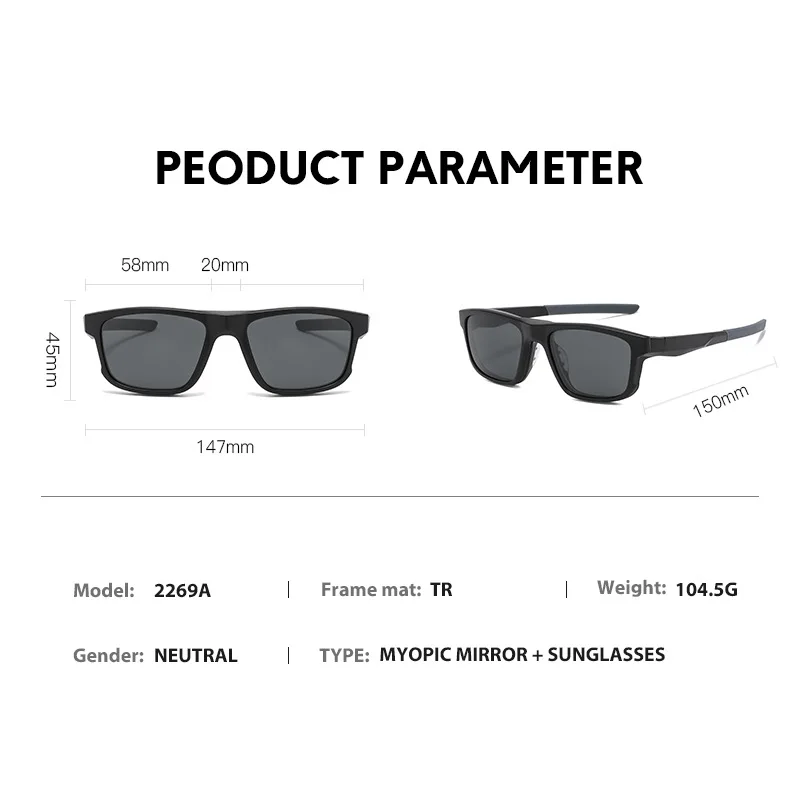 VCKA Magnet Clip on Myopia Sunglasses  Customize Glasses Frame Square Lens Men Women Sports Prescription Eyewear -0.5 to -10