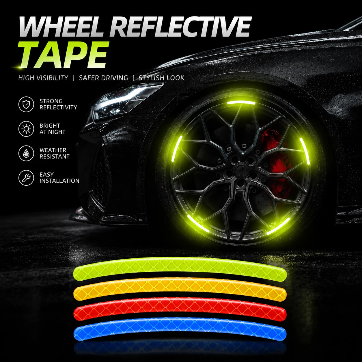 20PCS Car Wheel Hub Reflective Stickers, Laser Rainbow Rim Decals, Fluorescent Green Night Warning Stickers for Car Motorcycle