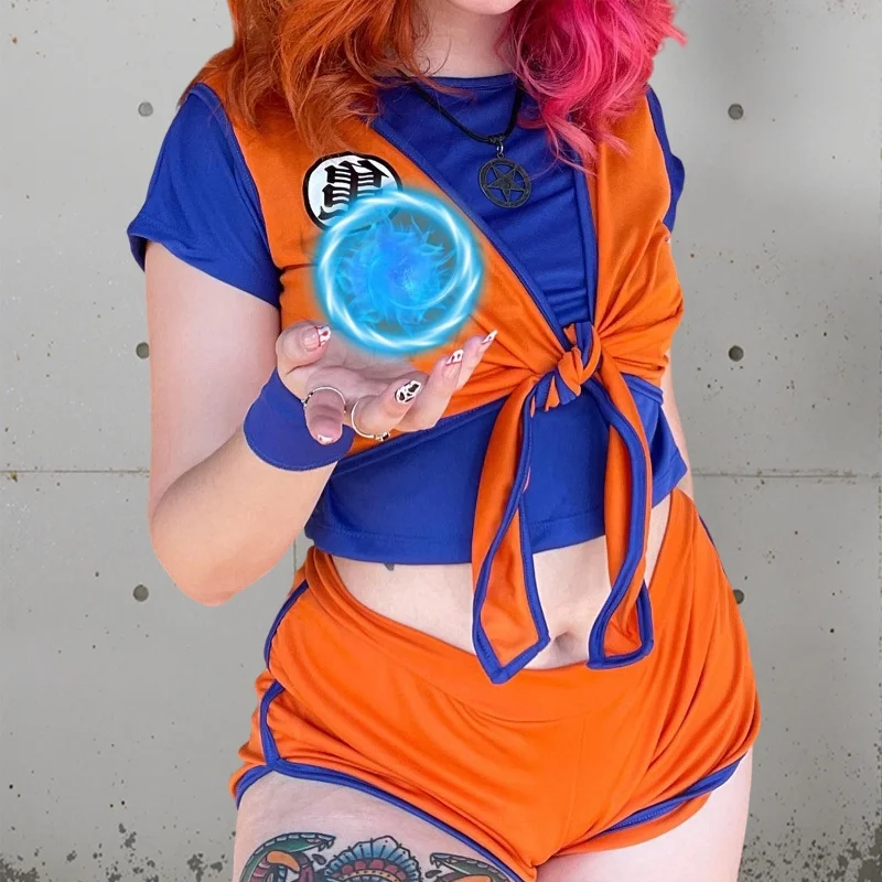 

Женский костюм для косплея из трех предметов, футболка с коротким рукавом, жилет с завязками, шорты, костюм Гоку для тематической вечеринки