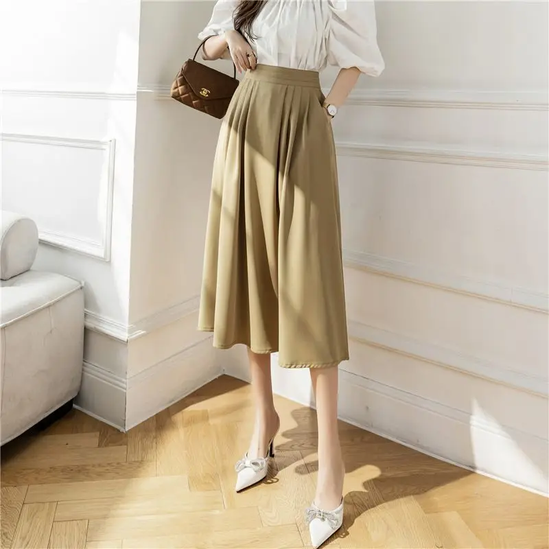 Streetwear Temperament Pleated Office Lady Knee-length Solid Pockets Spring Summer Thin Casual High Waist Loose Women's Clothing