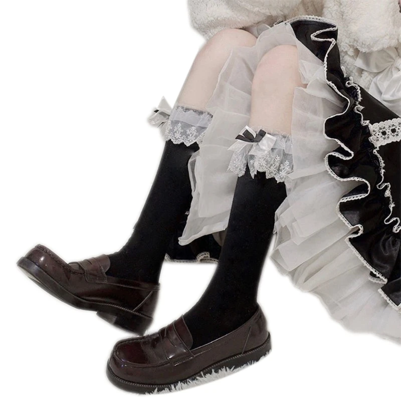 Maid Cosplay Knee High Long Socks Layered Lace Bow Tube Stockings