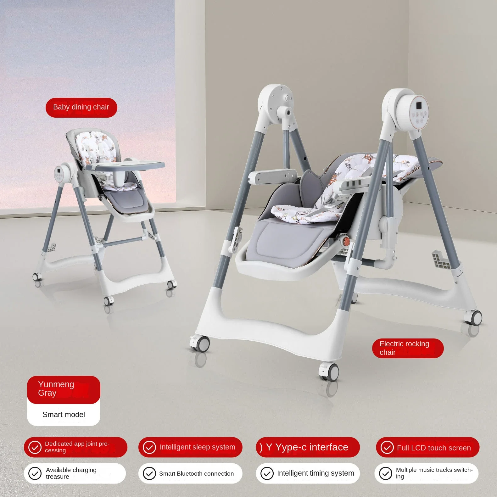 2-in-1 Multifunctional Electric Baby High Chair Foldable, No Assembly, Reclines to a Lying Position, with Tray Wheels, Cushion