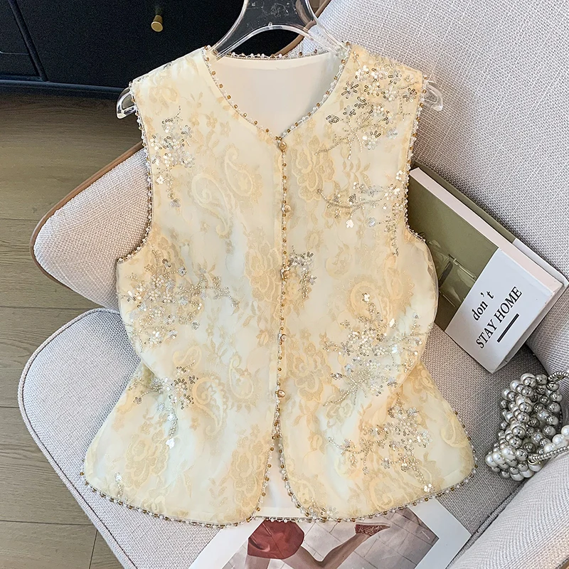 

New Chinese Style Classical Hanfu Tang Costume Buttons Handmade Beaded Heavy Embroidery Floral Vintage Vest Tank Top