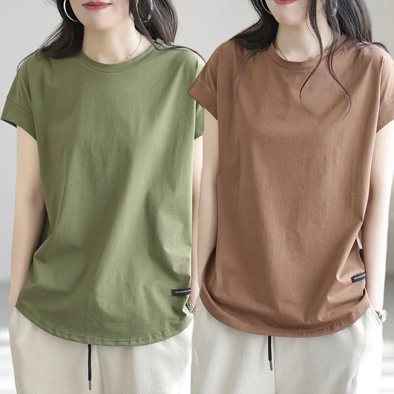 Women Tops Solid Spring Summer Loose Gray Oversized Tshirt Green Women's T-shirt  Elastic Slim Fitting Waist Hollow Out