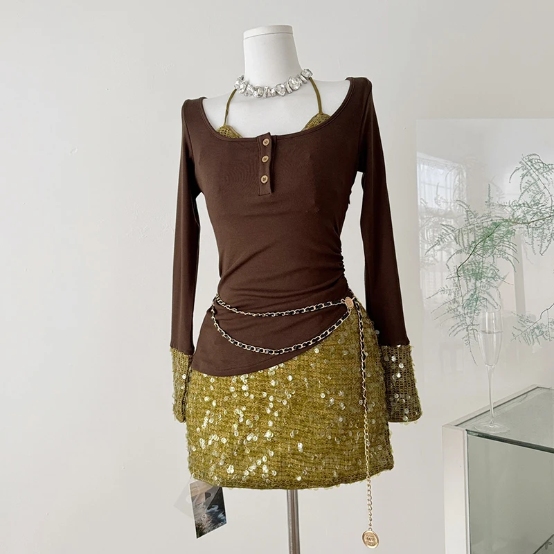 

Knitted Halter-neck Dress Lady-style Spring Autumn Party Dress Birthday Sequins Short Dress Girl Slim-fit Bodycon Dresses