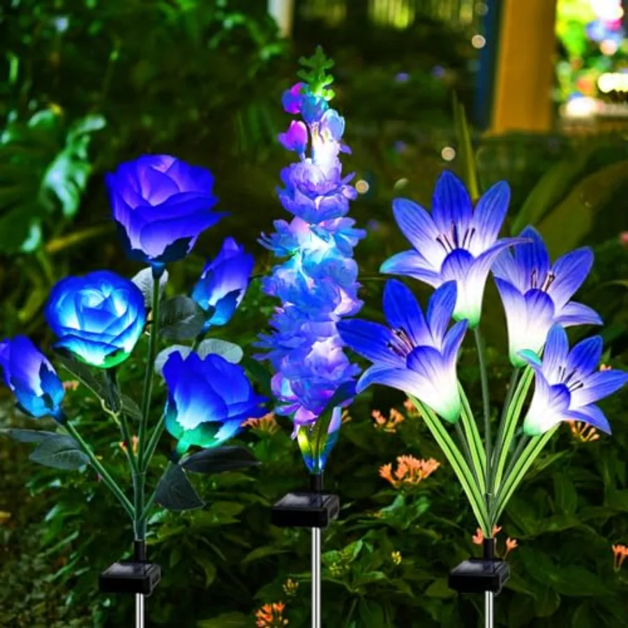 

Solar Garden Lights, 6 Pack Solar Flowers Lights with Lily Rose Delphinium, Waterproof Gardening Gifts for Mom Grandma Women, M