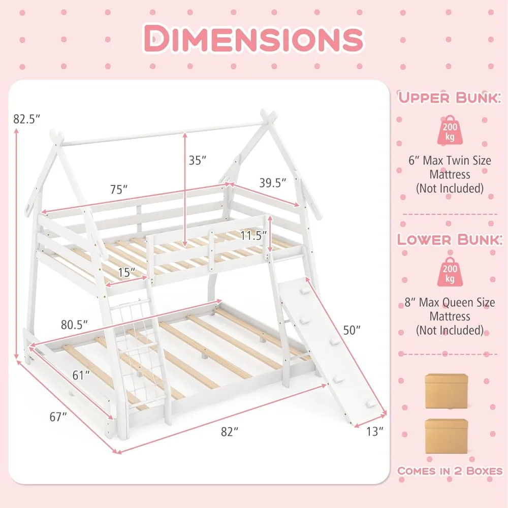 Double Bed, House Type Bed Frame with Climbing Net and Ramp, Safety Fence, Wooden Children's Bed for Boys and Girls