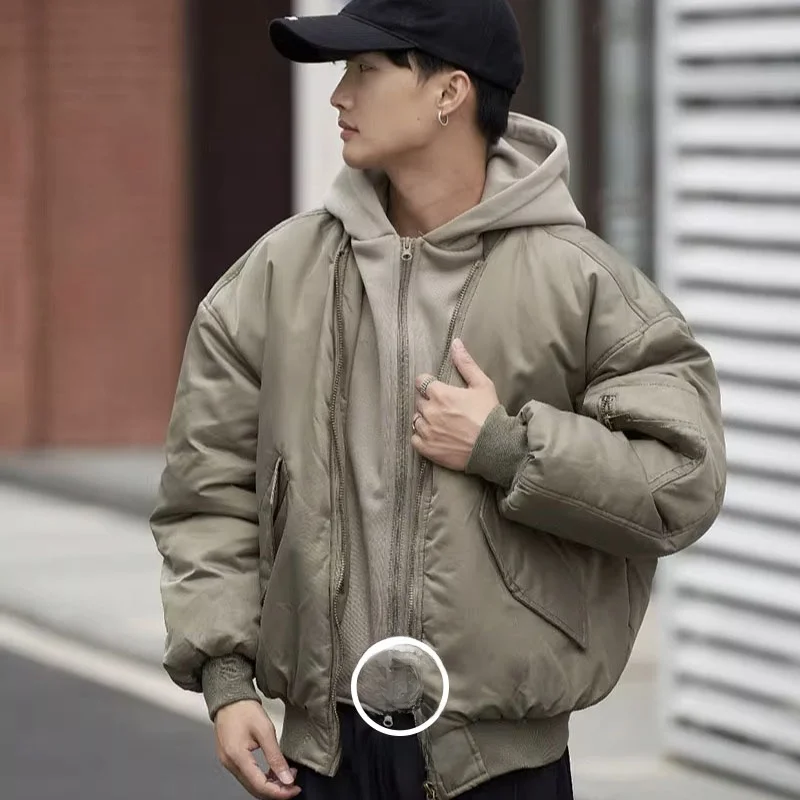 

Vintage Metal Flight Jaet Cotton Coat with Hood Tee-Proof Fake Two-Piece 680G Heavyweight Matte Youth Casual Wear