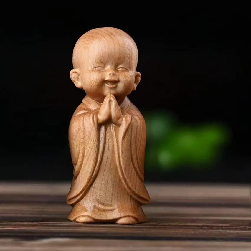 Boxwood Monk Praying Carved Hand Piece Zen Figurine Home Decor 8cm
