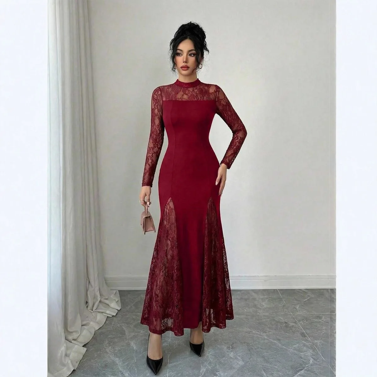 

New Sexy And Elegant Stand-up Collar Long-sleeve Lace Slim-fit Mermaid Hem Dress Evening Gown Summer Long Dress Bandage Clothing