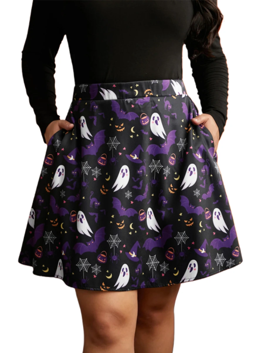 Faldas plisadas vintage de Halloween para mujer Faldas midi con estampado de calabaza de cintura alta retro Faldas clásicas para fiesta navideña