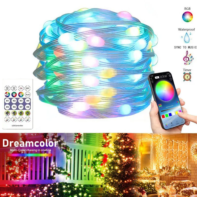 Guirnalda de luces LED RGB Dreamcolor, luz navideña USB, aplicación Bluetooth, guirnalda inteligente, luz de hadas, decoración para fiesta de boda y