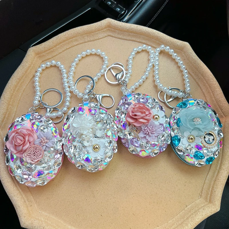 Bling Diamond Two-side Mirror Metal Key Chain With Pearl Chain Makeup Mirror Portable Fold Pocket Mirror Handheld Vanity Glass
