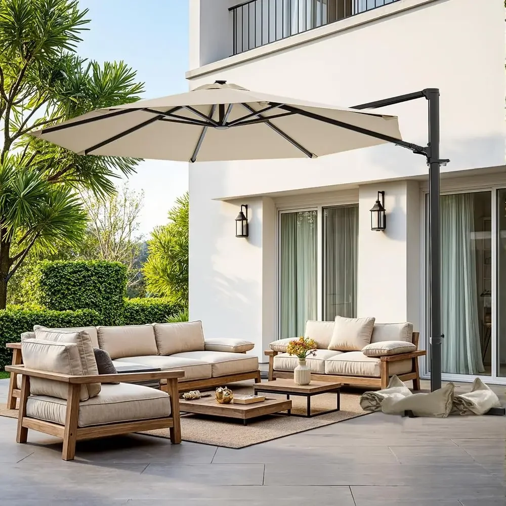 10-Foot Outdoor Patio Umbrella with Tilt and 4 Height Adjustments, Rotating, No Base, Ideal for Garden, Lawn, Pool, Beige
