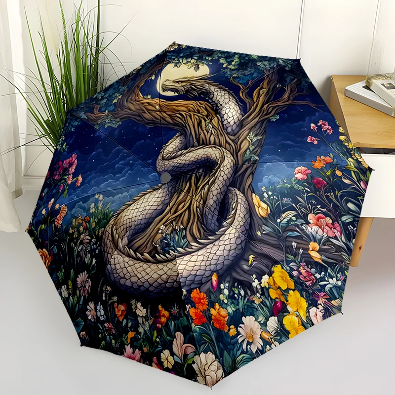 Snake Theme Design Folding Umbrella - Fashionable Auto-Open Design 8 Iron Ribs Plastic Handle Foldable Sunshade，Perfect Gifts