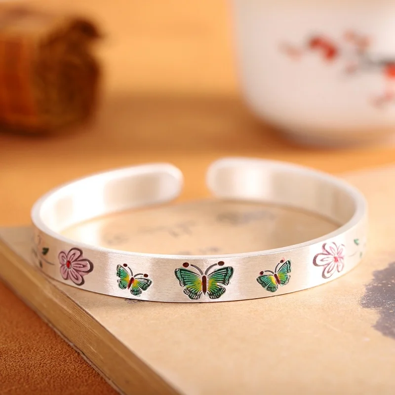 

S999 Sterling Silver Bracelets for Women New Women's Fashion Enamel Butterfly Flowers Ethnic Style Bangle Jewelry Free Shipping