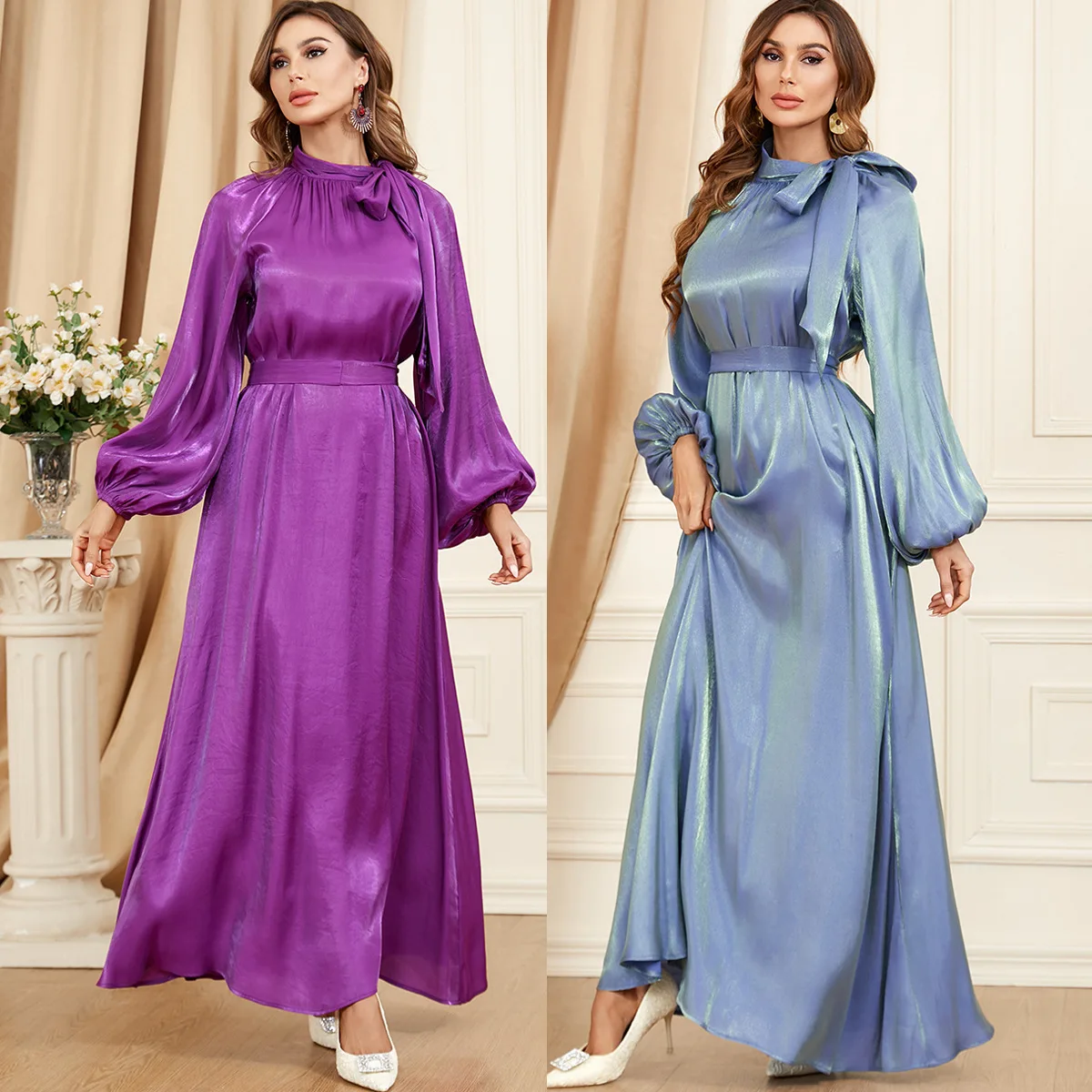 Shining Tie Neck Loose Modest Abaya Elegant Bishop Sleeve Belted Maxi Long Dress Dubai Islamic Clothing  Islam Muslim