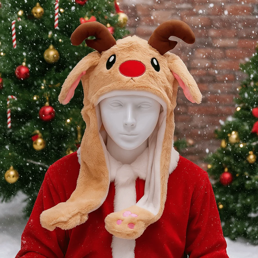 

Cute Cartoon Christmas Party Hats Jumping Up Ears Thickened Santa Reindeer Party Headdress Keep Warm Ear Moving Hat New Year