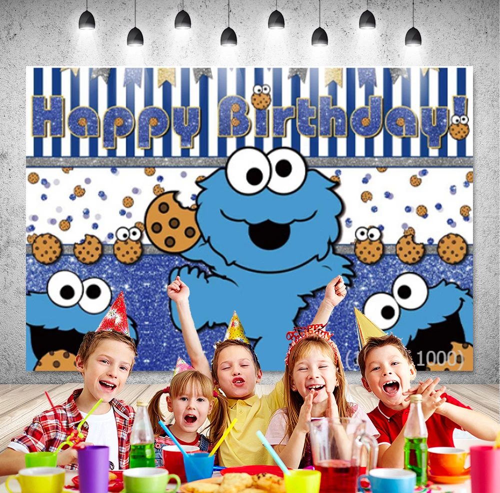 DIXSG Cookie Monsters Photography Backdrop Sesame Street Birthday Baby Shower Banner Background Blue Glitters Photo Studio Props