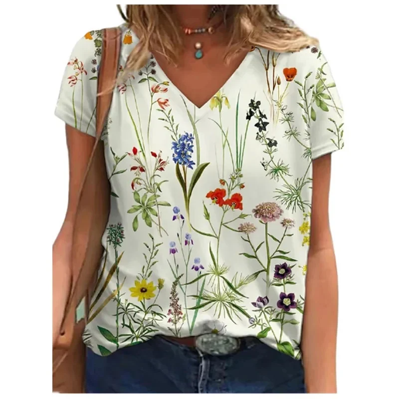 

Summer Hot Sale Of The Season Women's Loose Fit Short Sleeve V-Neck T-Shirt 3D Digital Print Floral Polyester Fiber Top women