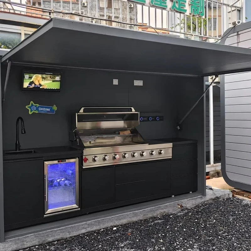 Modern Multi-functional Outdoor Mobile Kitchen Prefab BBQ Cooking Station Aluminum Alloy Lacquer Finish Sink Cabinet