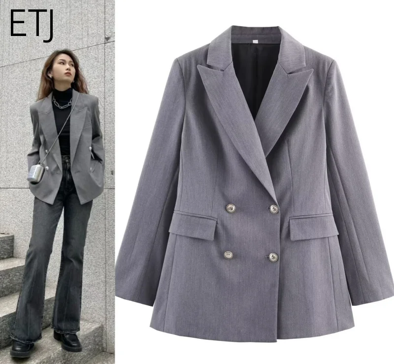 

ETJ 2025 Autumn/Winter New Women's British style retro double-breasted double-breasted long-sleeved casual suit jacket