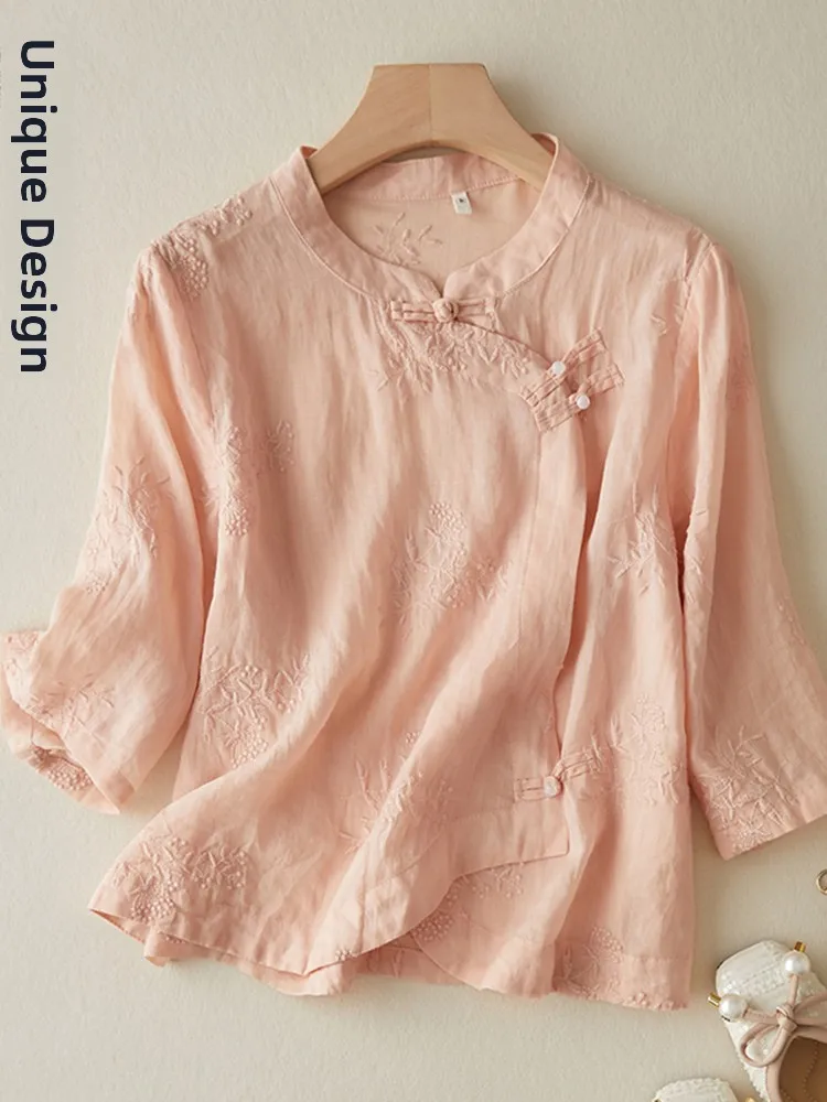 Retro pesado bordado lino ort Sve irt mujer nueva tendencia nacional china Sle botón de solapa oblicua algodón lino té...