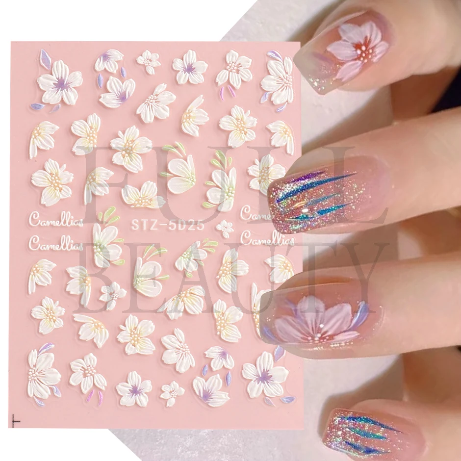 5D Schneeglöckchen geprägte Nagellack Aufkleber Tulpe Campanula Blumen Charms Aufkleber elegante florale strukturierte Maniküre Acryl Wraps
