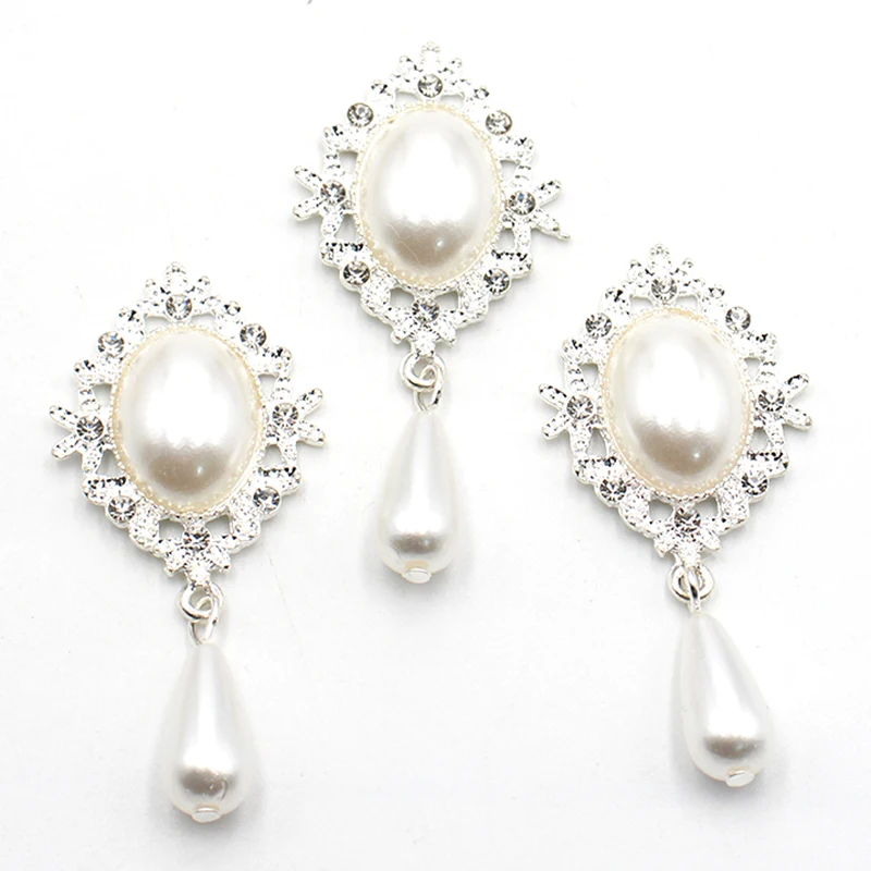 Shiny 10 pieces/batch 52*25MM pearl alloy diamond pendant button DIY wedding dress sewing clothing decoration accessories