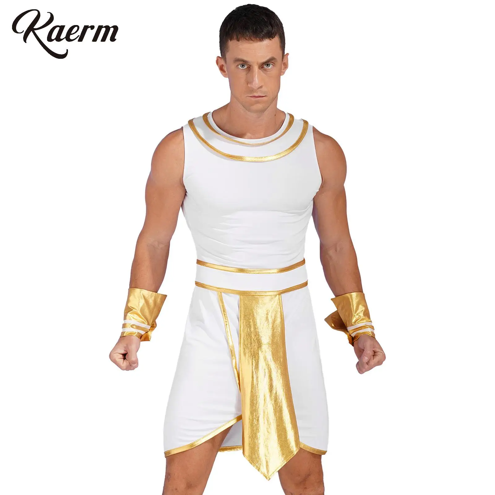 

Men's Egyptian Pharaoh Costume Sleeveless One Piece Robe Gown with Wristwear Ancient King Historic Roleplay Dress-up