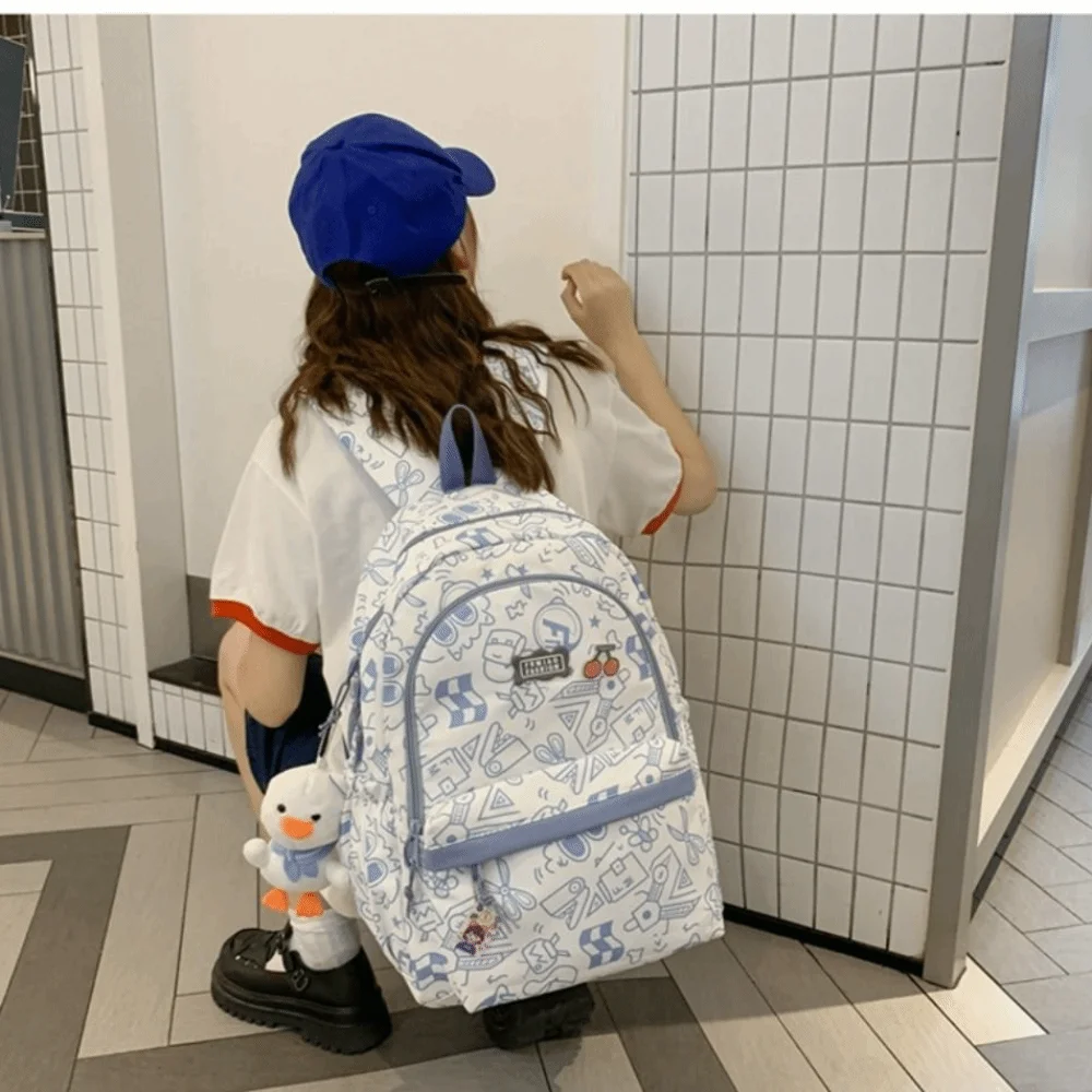 

Multi Pocket Fashion Students Backpack Doodle Nylon Cloth School Bag Casual Graffiti Shoulder Bag Textbook