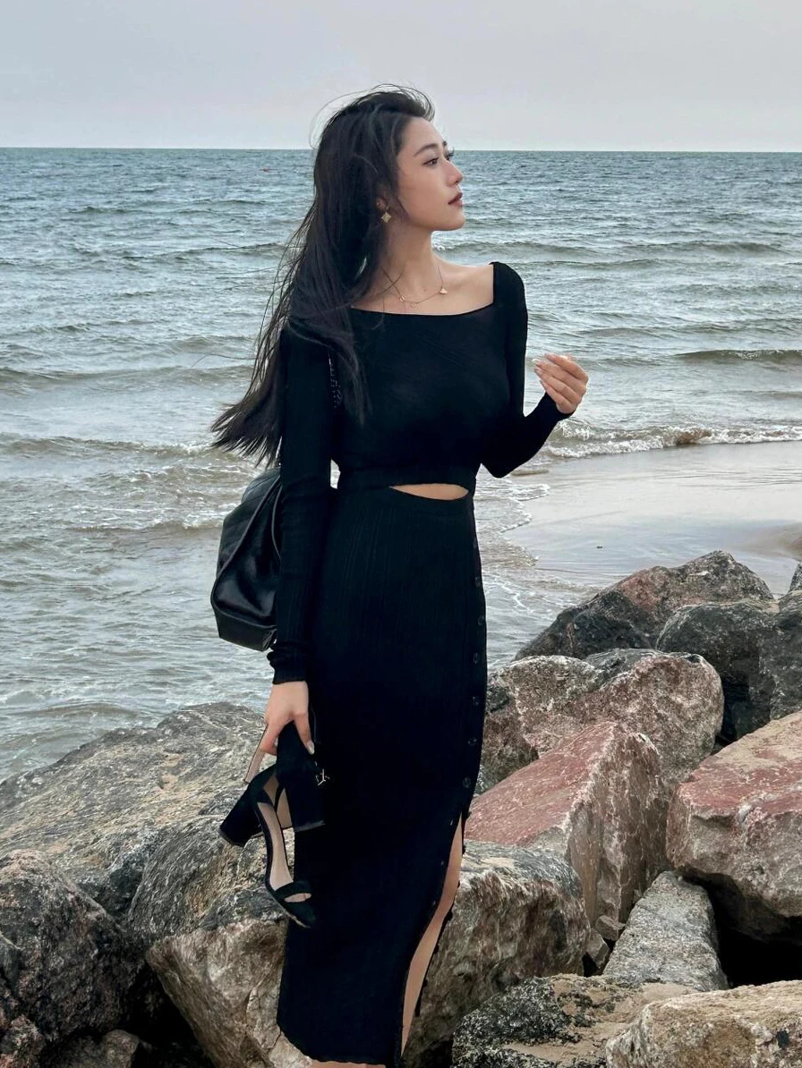 

Ele Knitted Slim Fit Dr with Side Slit And High Collar for Women Sweet Sle Cany Annual Dinner Ball Gown ort Skirt