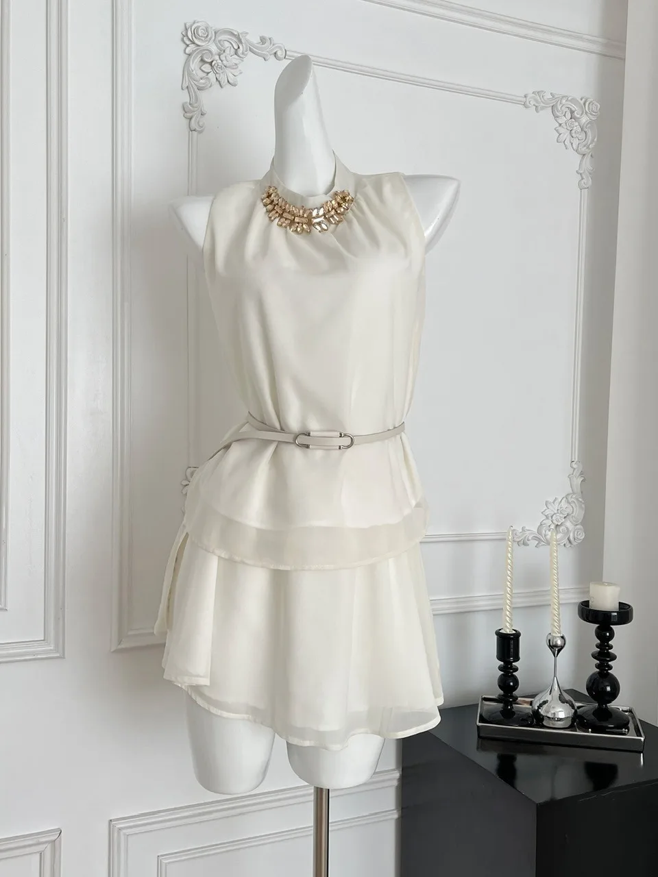 

High Waist Chiffon Top And Skirt Set Women's Summer Faion Diamond Embellied Svel Waist-Cinching Outfit