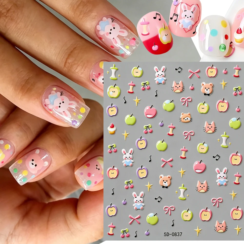 5D Embossed Cartoon Animal Nail Art Sticker Cute Bow/Rabbit/Bear/Cat/Apple/Cherry Nail Decal Adhesive Kawaii Animal&Fruit Slider