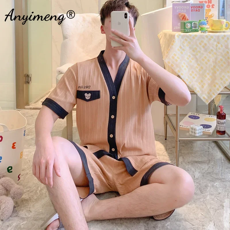 Summer Cotton Pajamas for Men Short Sleeved Kimono Pyjamas Kawaii Bear Print Nightwear Cardigan Sleepwear Causal Homewear