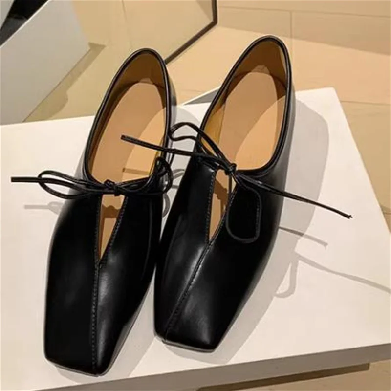 

Butterfly-knot Shoes for Ladies Square Toes Flat Heels PU Leather Female Loafers Sewing Lines Womens Bow-tied Shallow Chassure