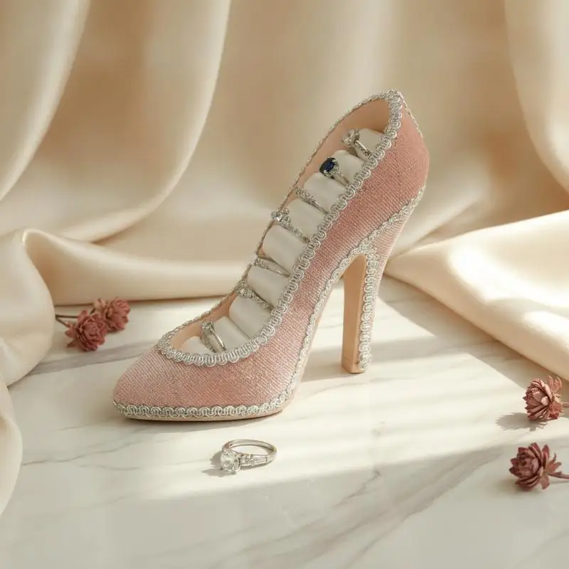High Heel Shaped Velvet Ring Holder Decorative Jewelry Stand Wedding Gift Photo Prop Jewelry Storage Display For Home Use